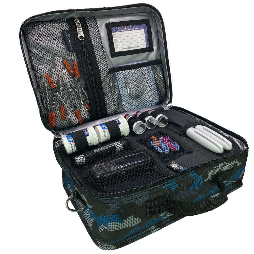 Diabetes Insulated Travel Bag in Blue Digital Camo front section has pockets for glucose meter and lancing device and loops for insulin vials and pocket for insulin pens. 