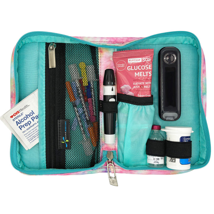 Sugar Medical Diabetes Supply Case II in Dream inside set up with glucose meter, test strips, lancet, glucose tabs and wipes.