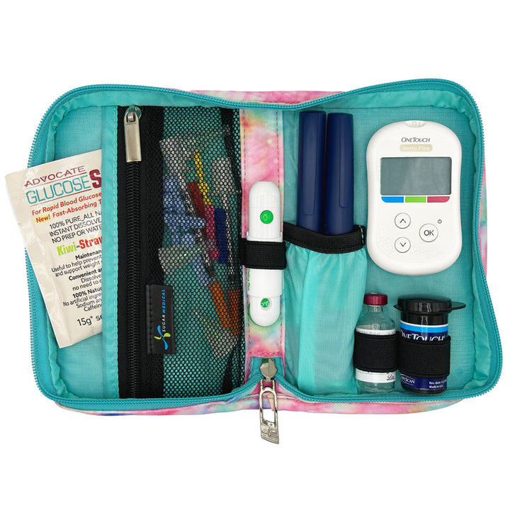 Sugar Medical Diabetes Supply Case II in Dream inside set up with glucose meter, test strips, lancet, insulin pens and glucose sos.