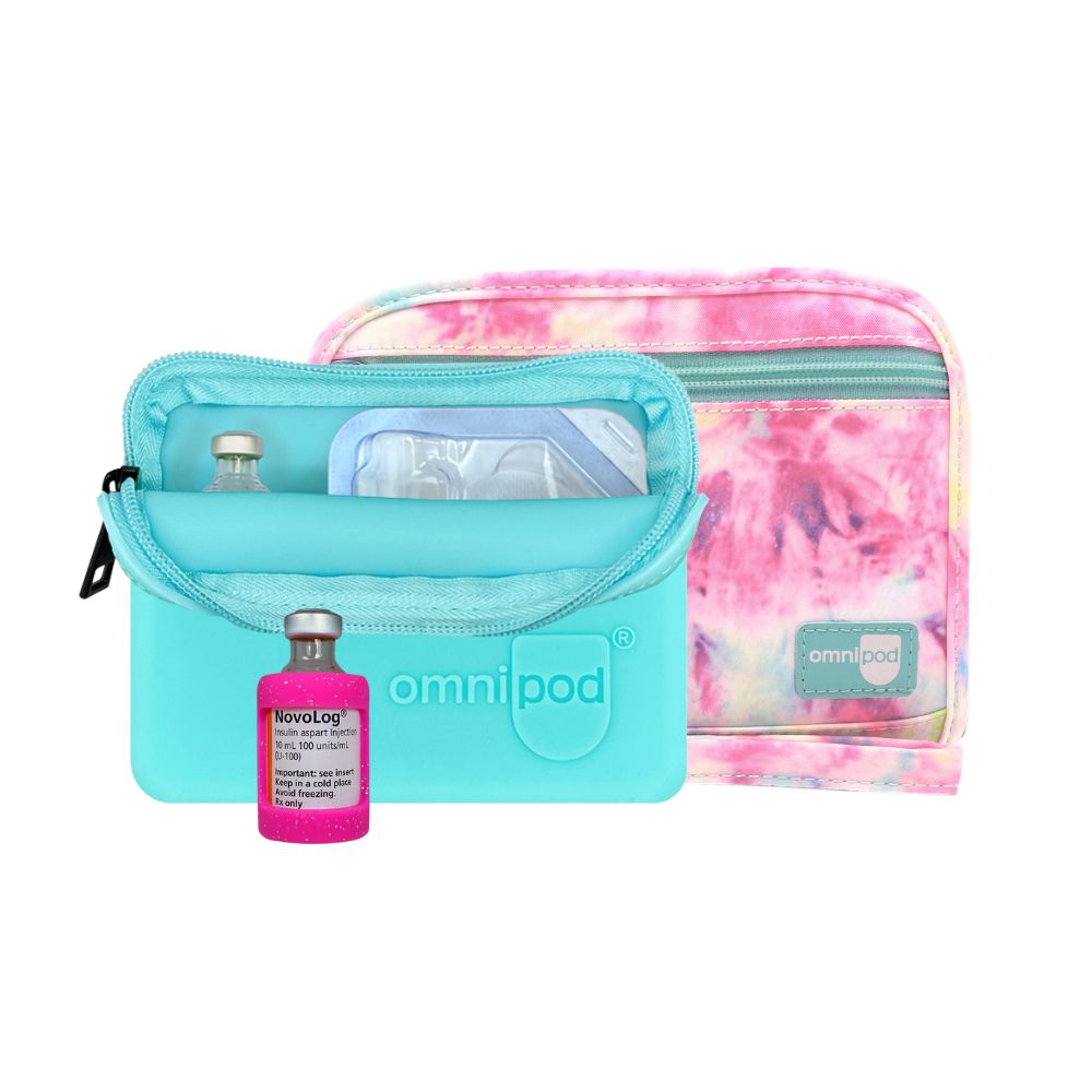 Pink and Purple Dream pattern diabetes case with medical supplies, aqua Omnipod protective travel case and pink glitter insulin vial sleeve.
