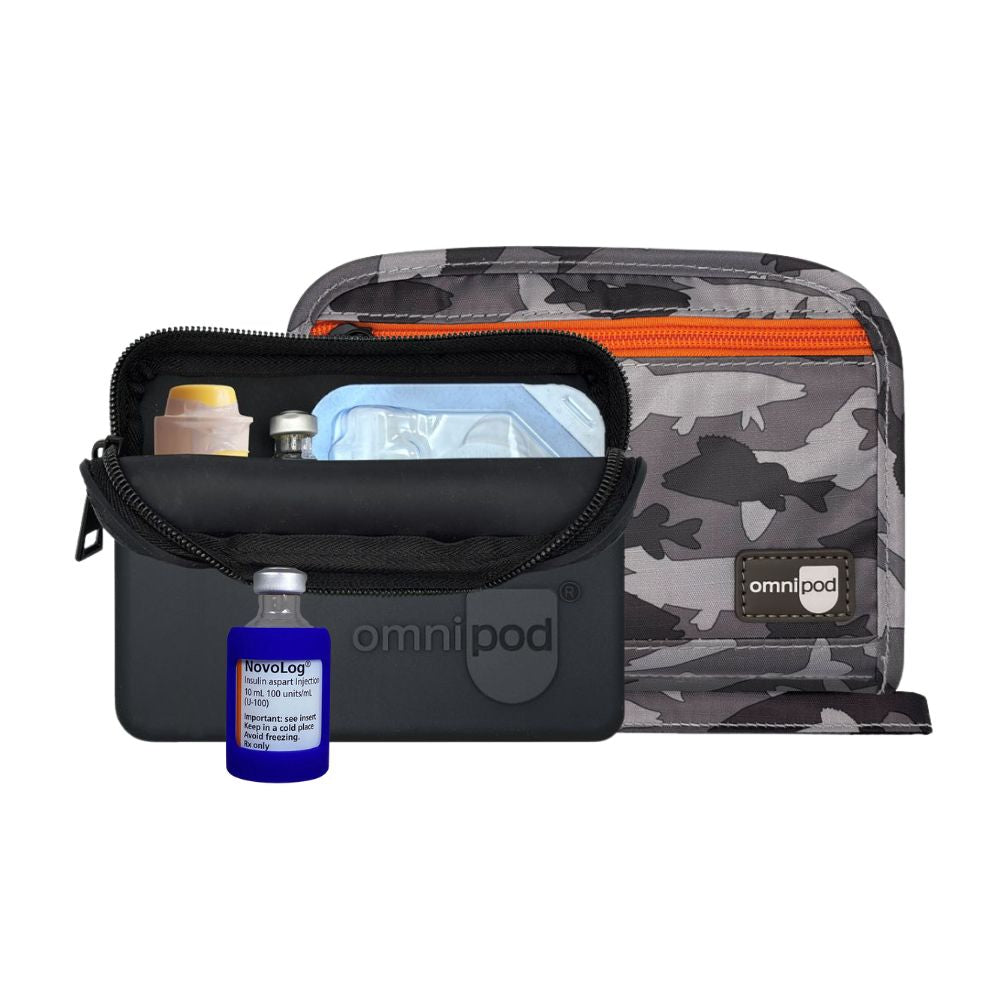 Black and camouflage diabetes case with medical supplies, black Omnipod protective travel case and blue insulin vial sleeve.