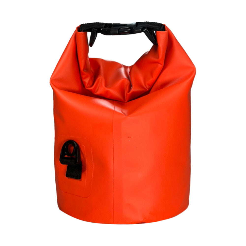 Back of red dry bag that  has a secure roll-top closure creates a watertight seal to keep moisture out.