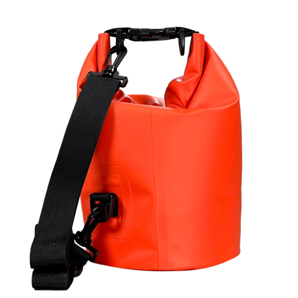 Back of a red Dry Bag with reinforced handles for durability and a shoulder strap easy transport.