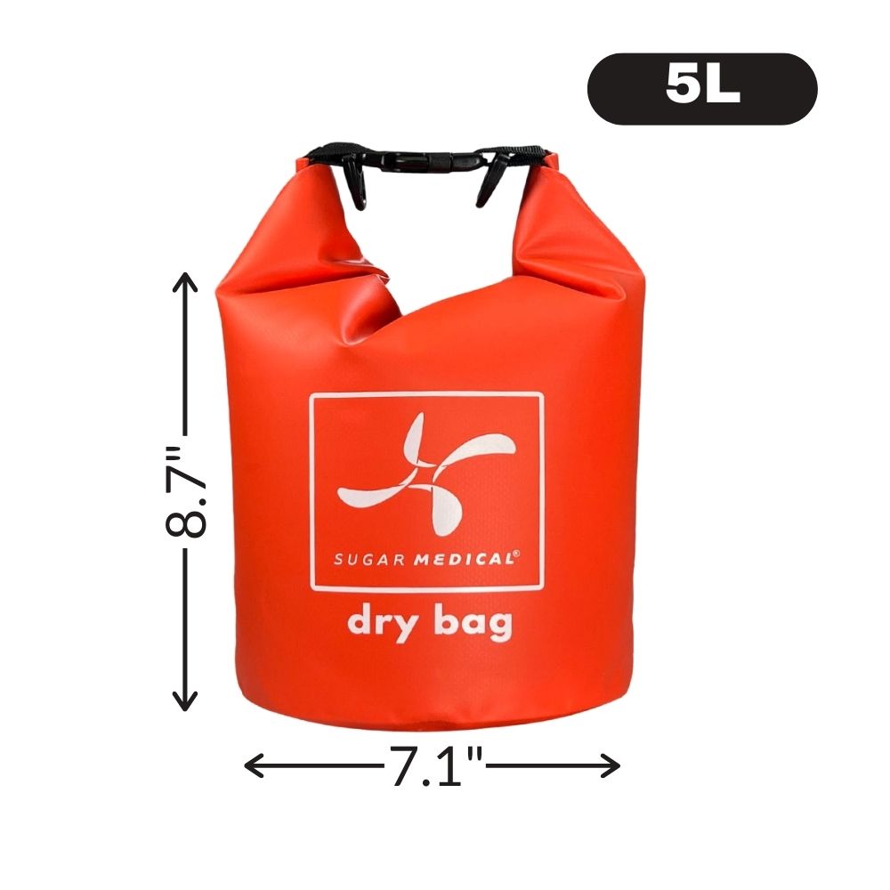 Red Dry bag measurements are 8.7" X 7.1" and hold 5L.