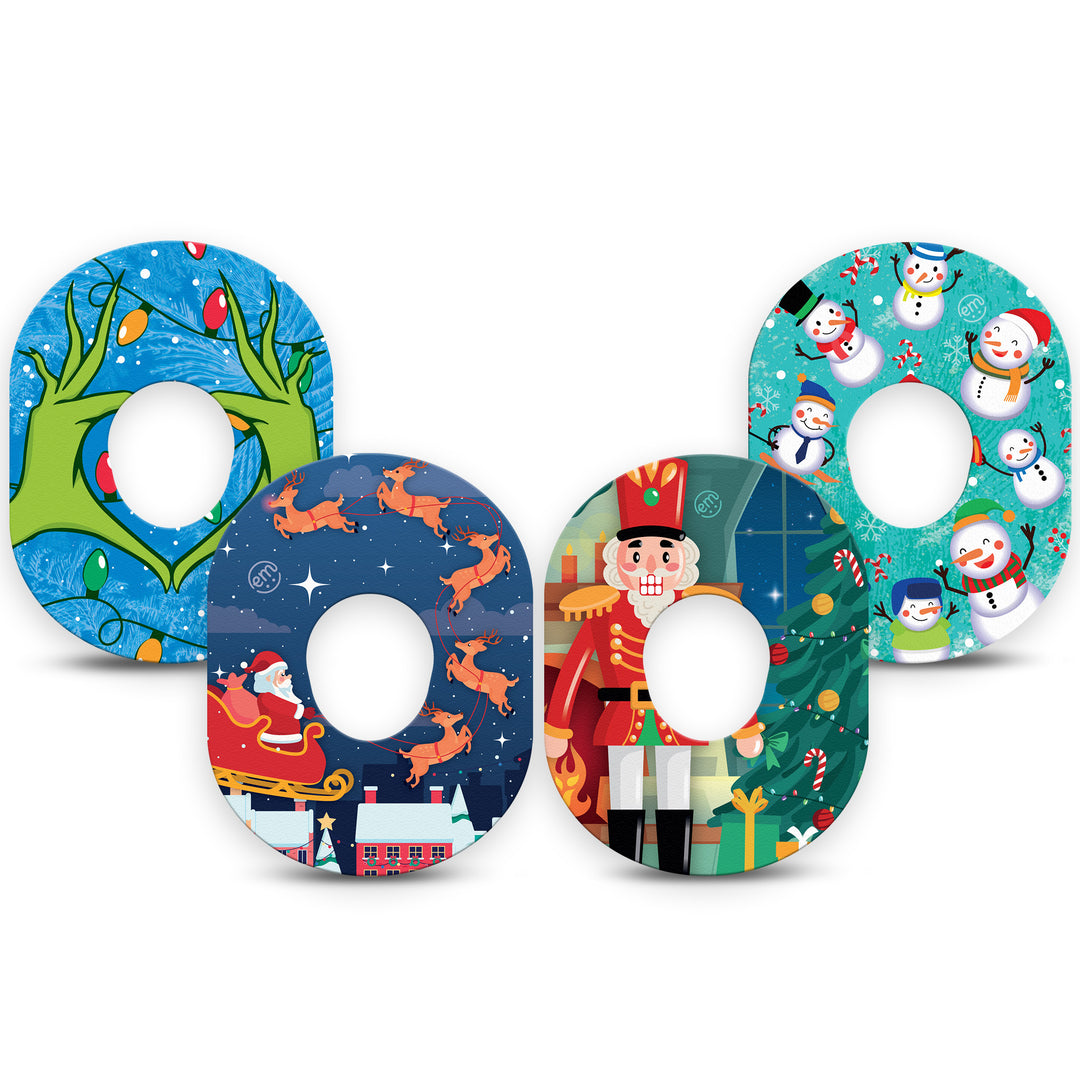 Pack contains one of each of Expression Med patch designs: Holiday Heart Hands, Santa with Sled, Nutcracker and Snowman Celebration.