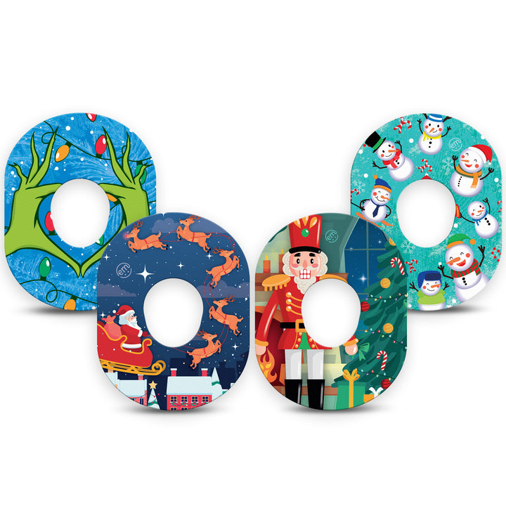 Pack contains one of each of Expression Med patch designs: Holiday Heart Hands, Santa with Sled, Nutcracker and Snowman Celebration.