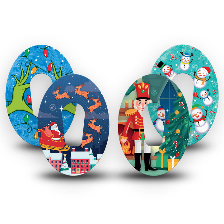 Pack contains one of each of Expression Med patch designs: Holiday Heart Hands, Santa with Sled, Nutcracker and Snowman Celebration