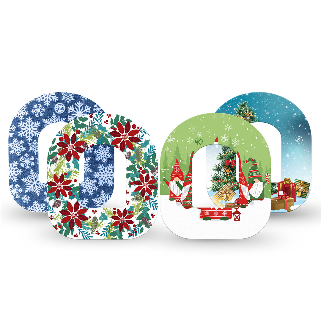 Pack contains one of each of Expression Med patch designs: Snowflake, Christmas Wreath, Holiday Gnomies and Oh, Christmas featuring our Pod specific cut-out!