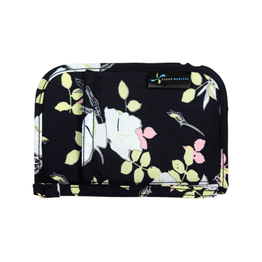 Sugar Medical Diabetes Supply Case II front that is black with flowers.
