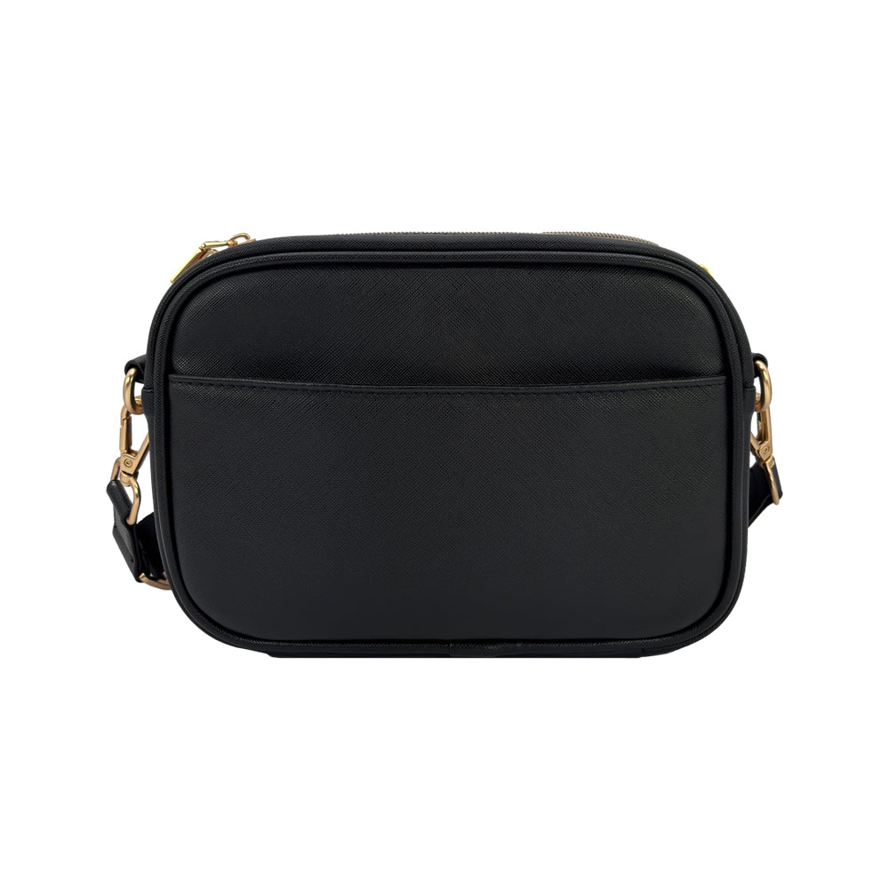 Back of the Black Essential Diabetes Purse featuring a convenient slip pocket designed to securely hold a smartphone.