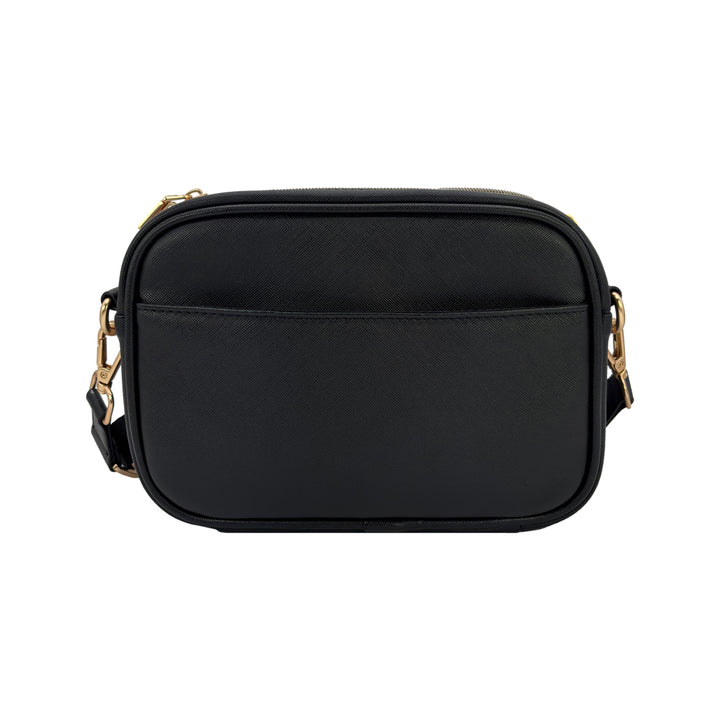 Back of the Black Essential Diabetes Purse featuring a convenient slip pocket designed to securely hold a smartphone.
