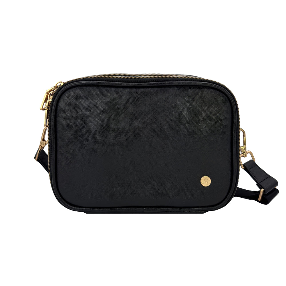Front view of a sleek black Essential Diabetes Purse featuring a compact rectangular design, smooth faux leather finish, and a subtle logo in the bottom corner.