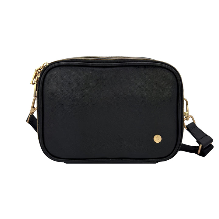 Front view of a sleek black Essential Diabetes Purse featuring a compact rectangular design, smooth faux leather finish, and a subtle logo in the bottom corner.