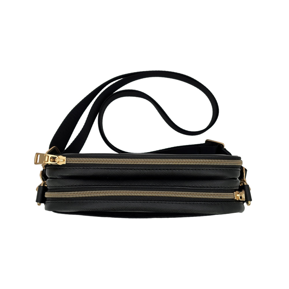 Top view of the Black Essential Diabetes Purse, showing dual zipper closures and a sturdy, structured opening for easy access to contents.