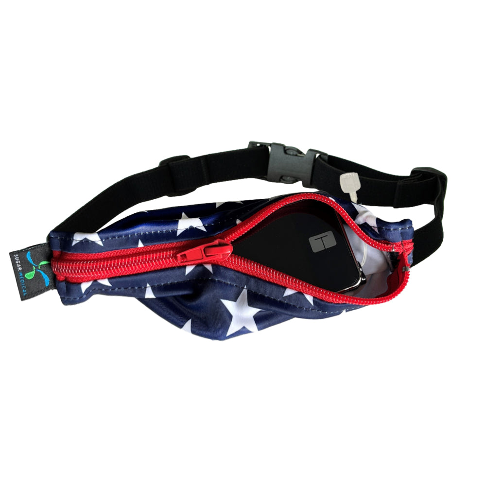 Kids blue with white stars and red zipper SPI belt open with Tandem pump inside and tubbing coming out the side hole.
