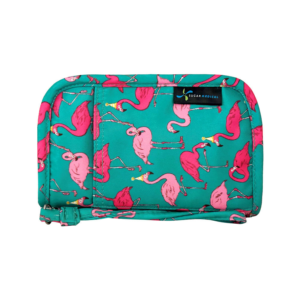Sugar Medical Diabetes Supply Case II front that is teal with pink flamingos. 