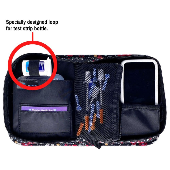 Inside of the Omnipod supply case with a specially designed loop for test strip botte, pocket for pod, mesh pocket for lancet and syringes.