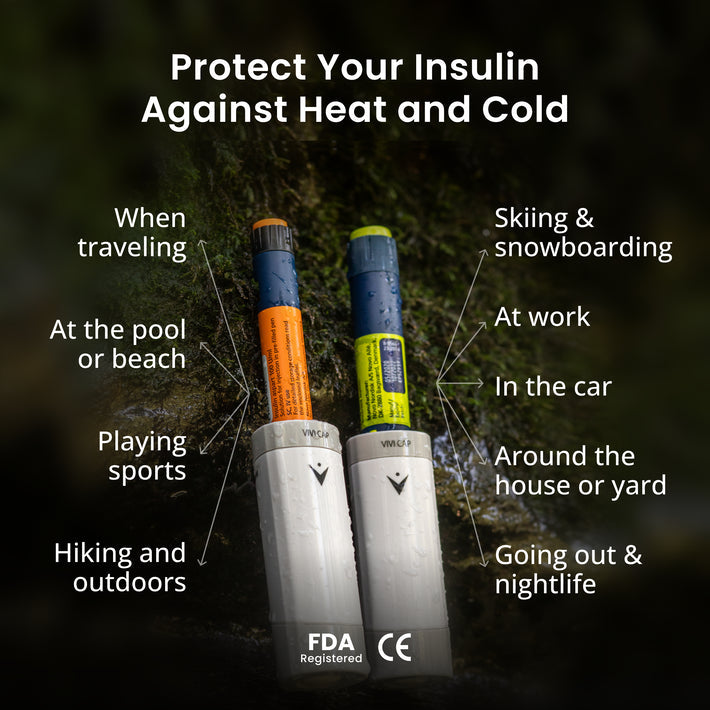 Protect your insulin against heat and cold when traveling, at beach, playing sports, hiking, skiing, in the car, at work and going out.