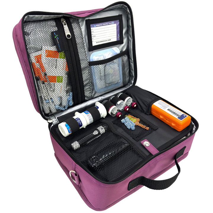 Diabetes Insulated Travel Bag in porchid front section has pockets for glucose meter and lancing device and loops for insulin vials and pocket for insulin pens.