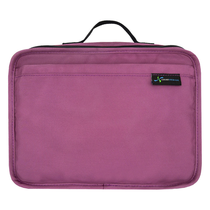 Orchid Purple insulated diabetes travel bag with multiple compartments and zipper closure, designed for carrying medical supplies.