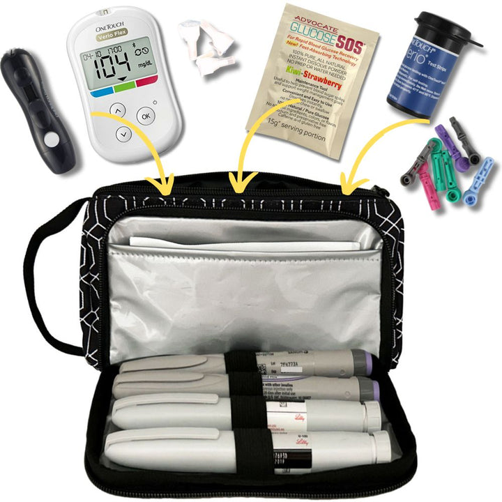 A black and white geometric pattern Insulated Diabetes Insulin Supply Case with insulated pocket open and an ice pack in slip pocket and four insulin pens secured in loops.