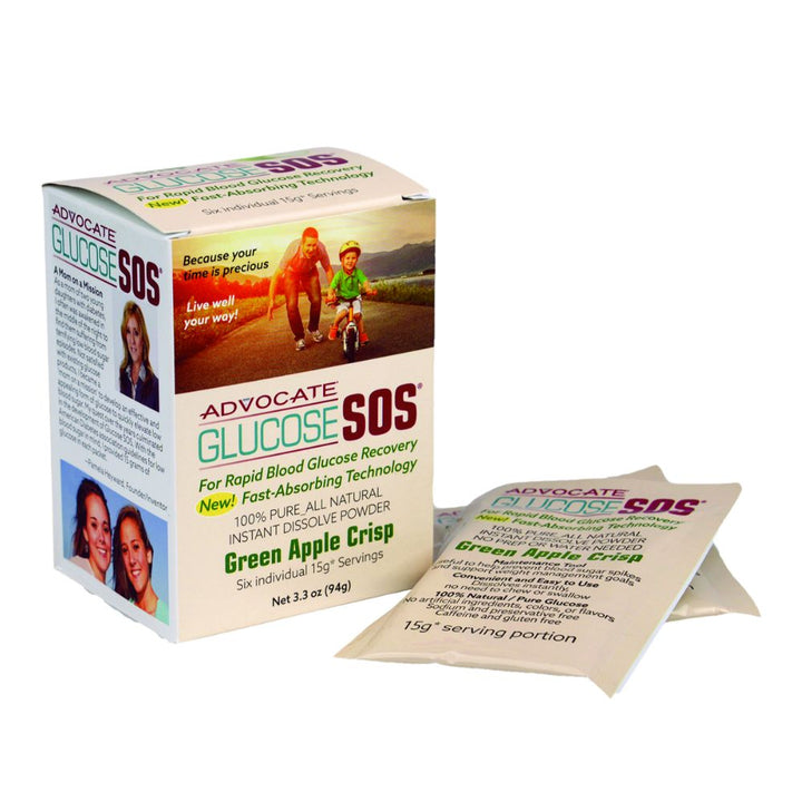 A box of Green Apple Crisp Glucose SOS with two packets pulled out of the box of six.
