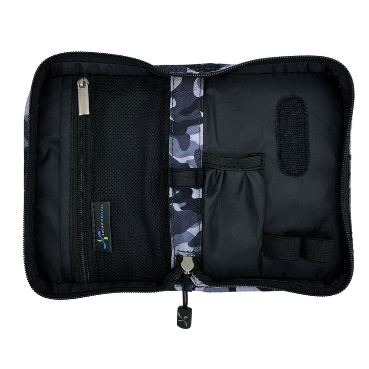 Sugar Medical Diabetes Supply Case II grey and black camo inside with pockets and loops to organize your diabetic supplies.