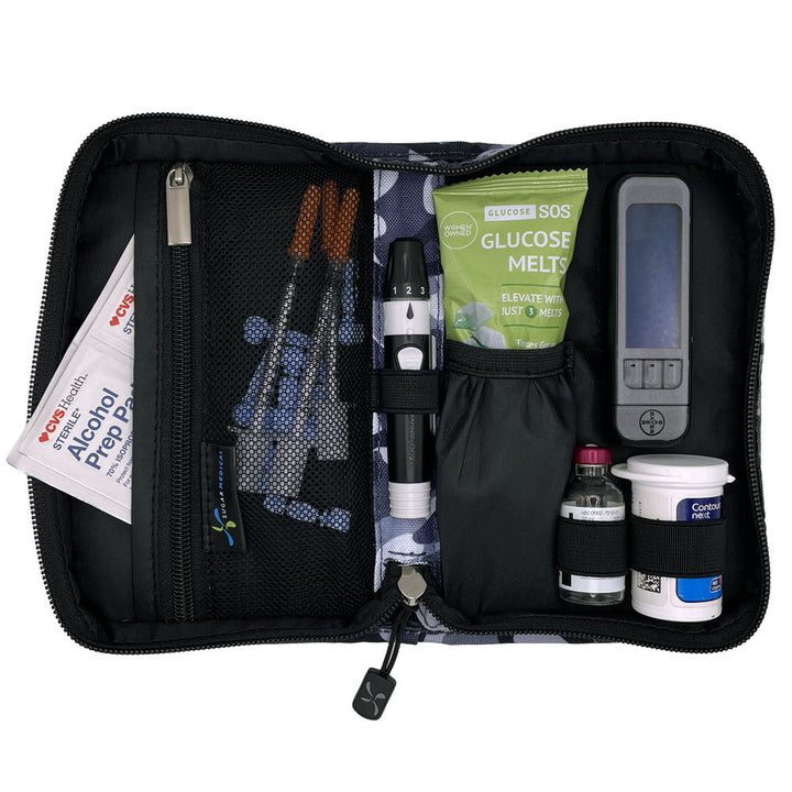 Sugar Medical Diabetes Supply Case II grey and black camo inside set up with glucose meter, test strips, lancet, and glucose melts and wipes.