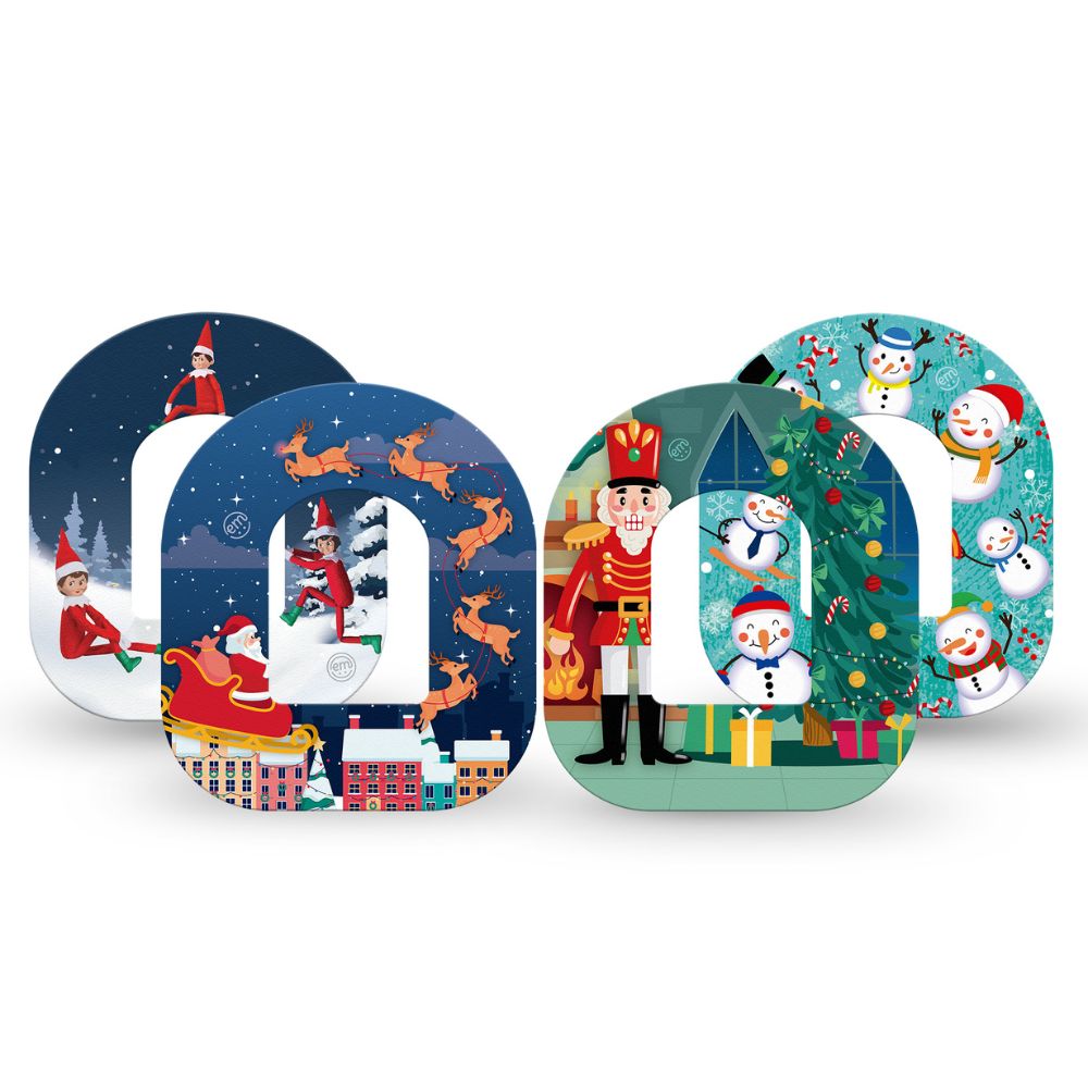 Pack contains one of each of Expression Med patch designs: Holiday Heart Hands, Santa with Sled, Nutcracker and Snowman Celebration featuring our Pod specific cut-out!