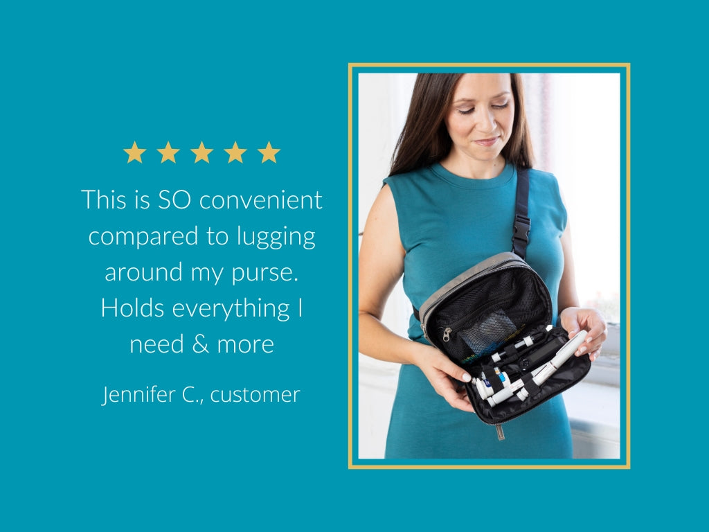 Sugar Medical black nylon backpack open in women's lap with glucose meter, test strips, lancet and insulin pens.