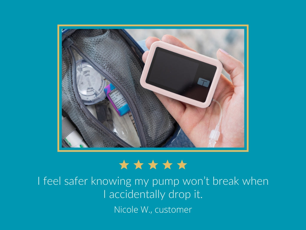 A women holding a light pink Tandem Gel Skin Cover that protects your insulin pump.