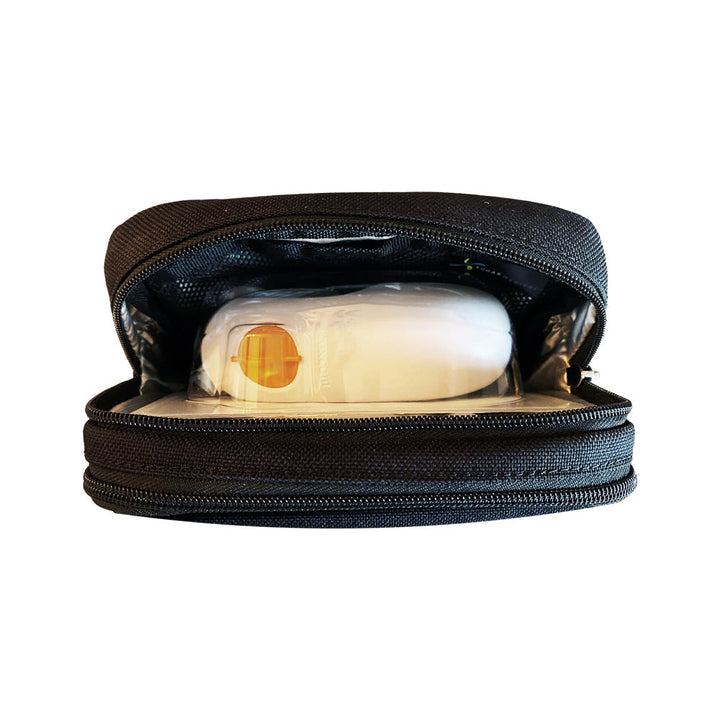 Diabetes Insulated Convertible Belt Bag in Black back insulated compartment with Dexcom in it.