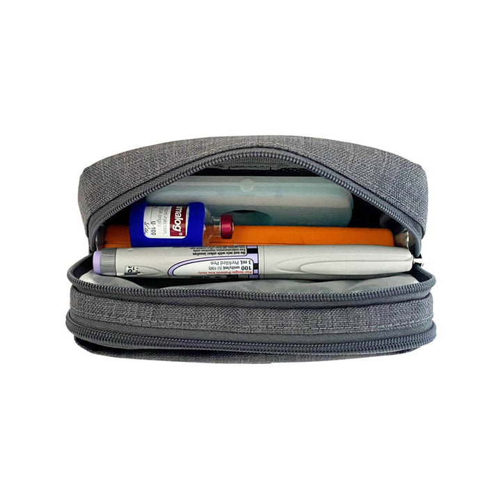 Diabetes Insulated Convertible Bag in Grey back insulated compartment with ice pack, insulin pens and insulin vial.