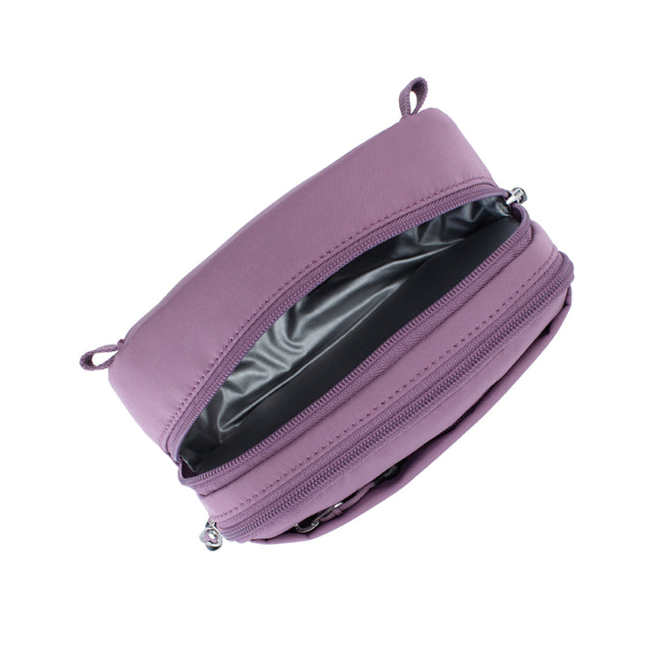 The top of the Misty Purple Diabetes Insulated Convertible Supply Bag shows the insulated back pocket.