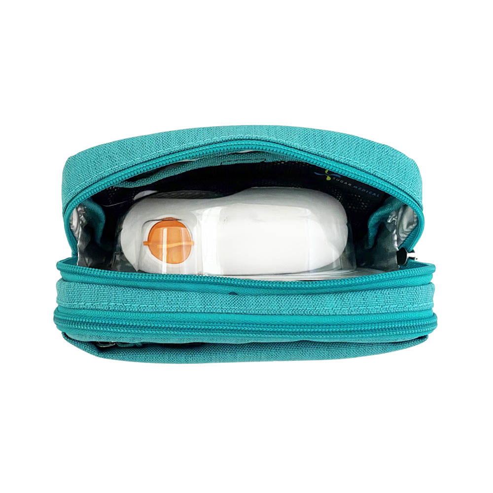 Diabetes Insulated Convertible Belt Bag Turquoise back insulated pocket with Dexcom in it.