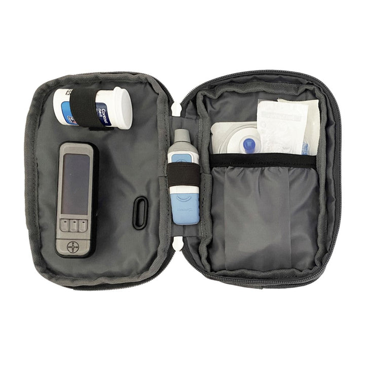 Diabetes Insulated Convertible Bag in Grey inside set up with glucose meter, test strips, lancet and Metronic pump supplies.
