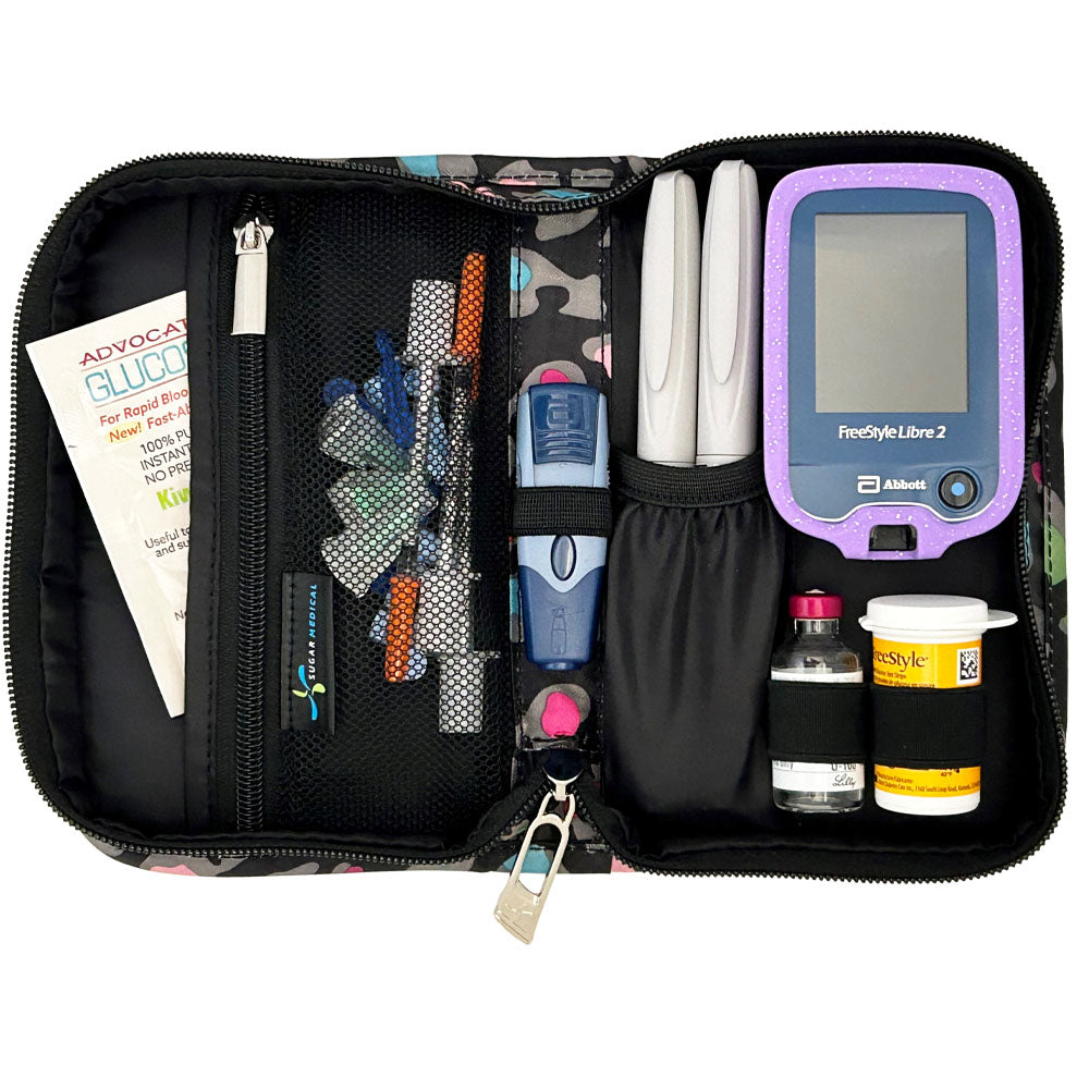 Sugar Medical Diabetes Supply Case II black with colorful leopard pattern inside set up with glucose meter, test strips, lancet, insulin pens and glucose sos. 