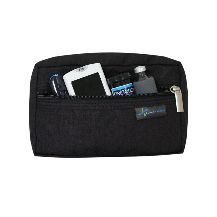 Black removable supply pouch that fits glucose meter, test strip and lancet.
