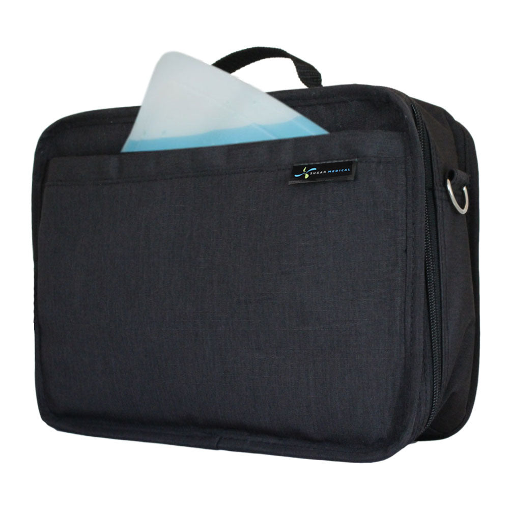 Diabetes Insulated Travel Bag in black side with ice pack in front pocket. 