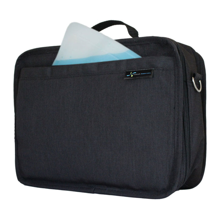 Diabetes Insulated Travel Bag in black side with ice pack in front pocket.