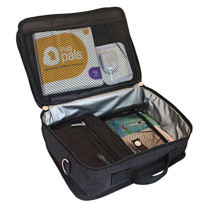 Diabetes Insulated Travel Bag in black back compartment for a glucagon kit, Omnipod supplies, extra pods, snacks, glucose tablets, and includes a removable pouch.