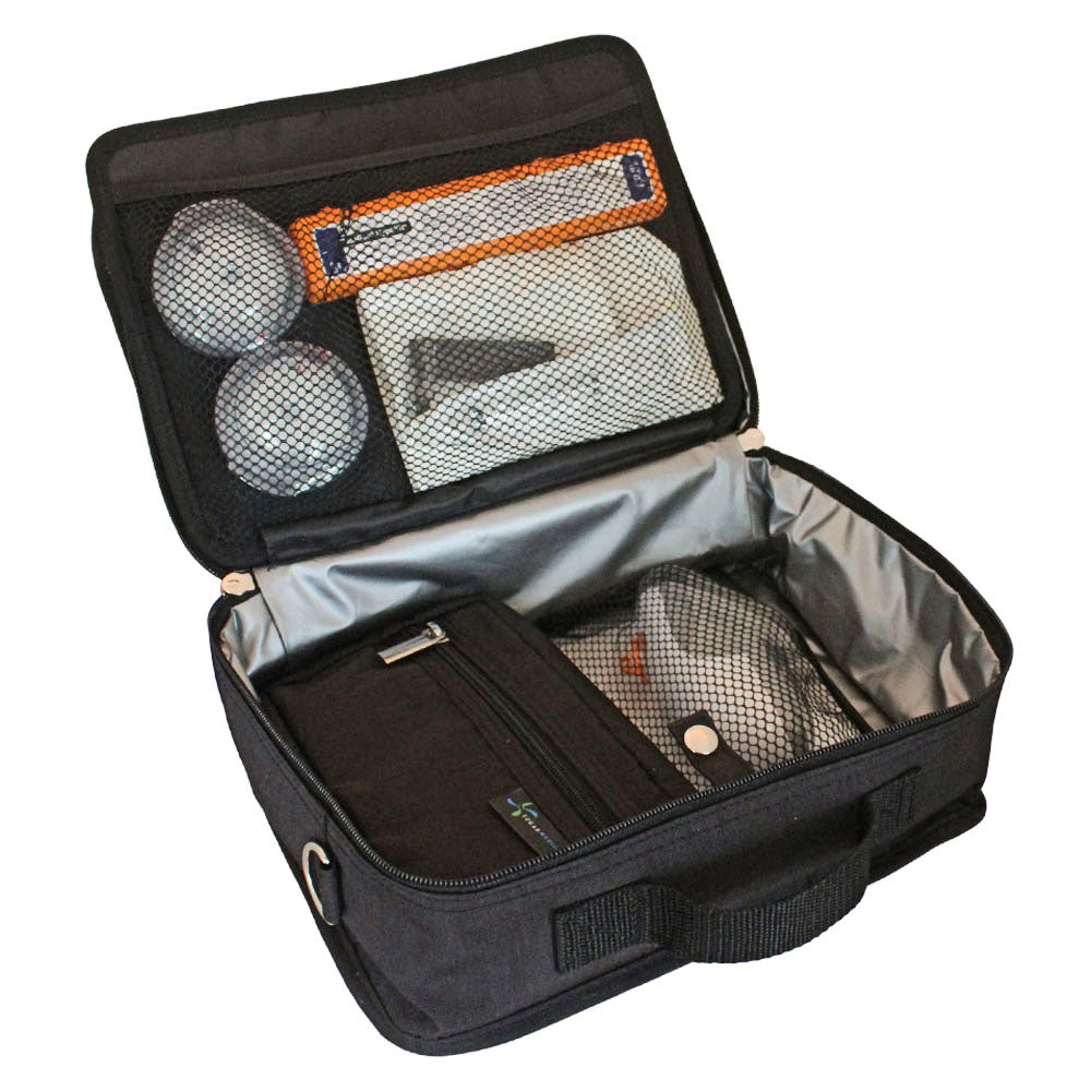 Diabetes Insulated Travel Bag in black back compartment for a glucagon kit, Tandem supplies, Dexcom, snacks, glucose tablets, and includes a removable pouch.