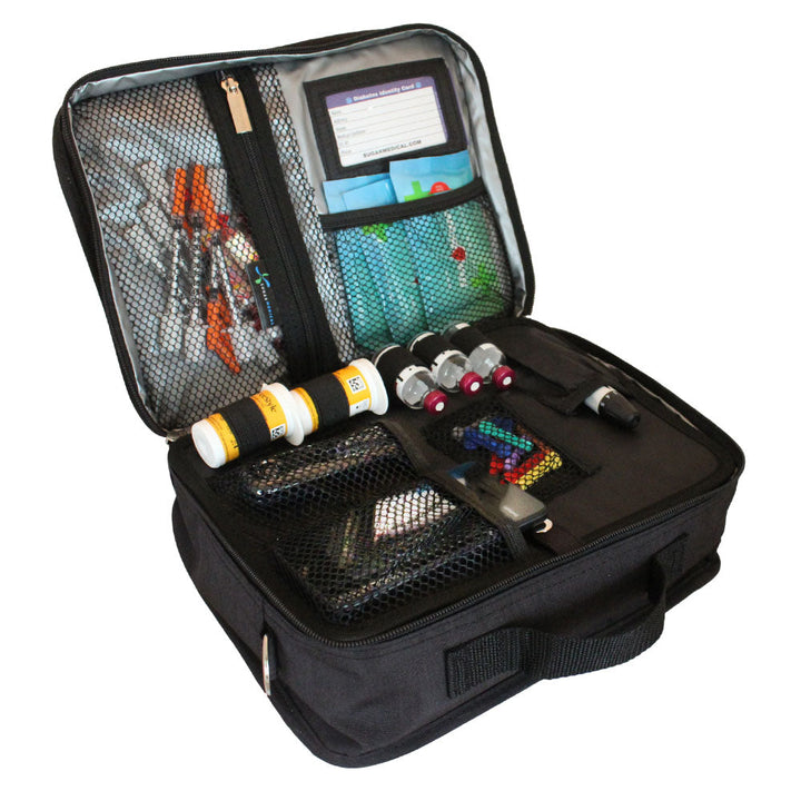 Diabetes Insulated Travel Bag in black front section has pockets for glucose meter and lancing device and loops for insulin vials and pocket for insulin pens.