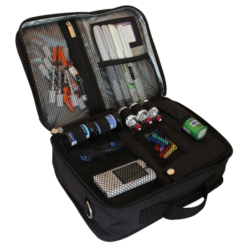 Diabetes Insulated Travel Bag in black front section has pockets for glucose meter and lancing device and loops for insulin vials and pocket for insulin pens. 