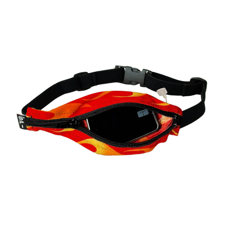Kids red and orange flames SPI belt open with Tandem pump inside and tubbing coming out the side hole.