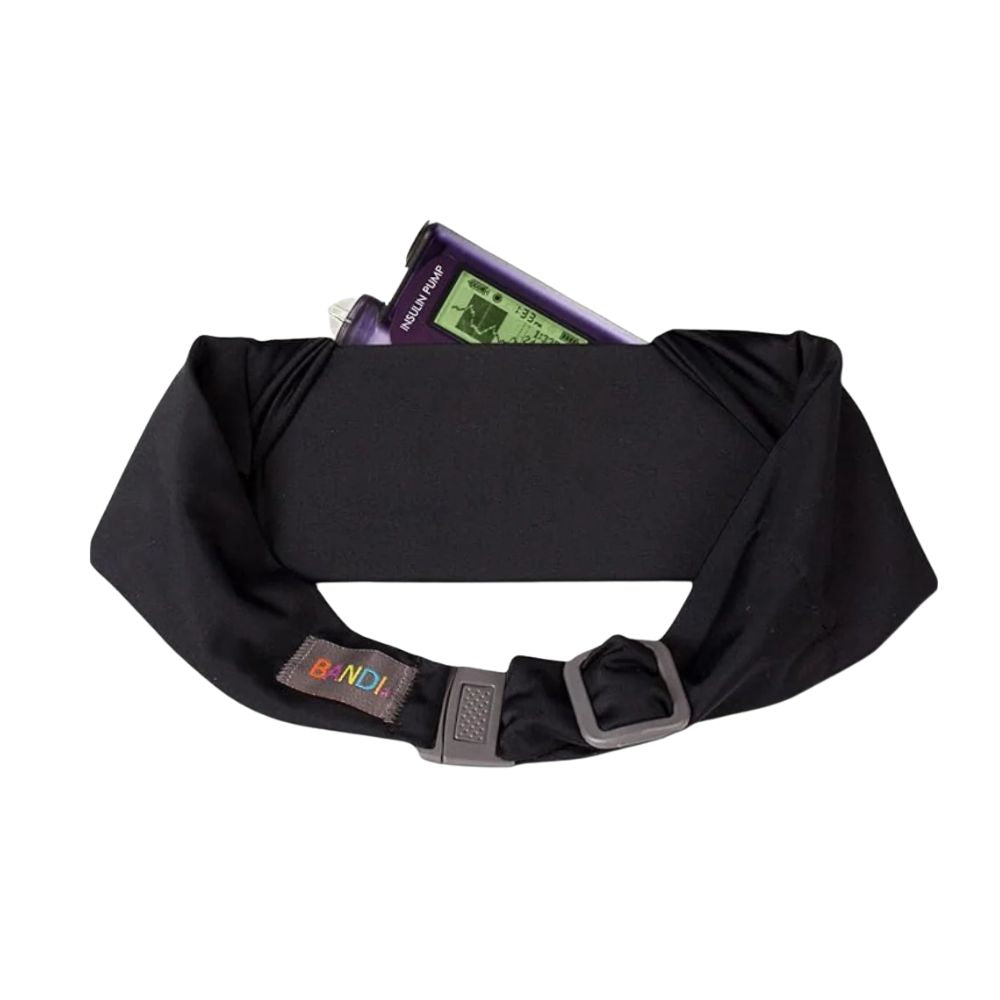 black Bandi Wear Pocket Belt, designed for comfort and practicality, perfect for carrying essentials securely and hands-free with insulin pump in it.