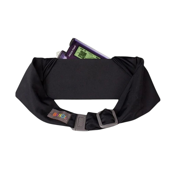 black Bandi Wear Pocket Belt, designed for comfort and practicality, perfect for carrying essentials securely and hands-free with insulin pump in it.
