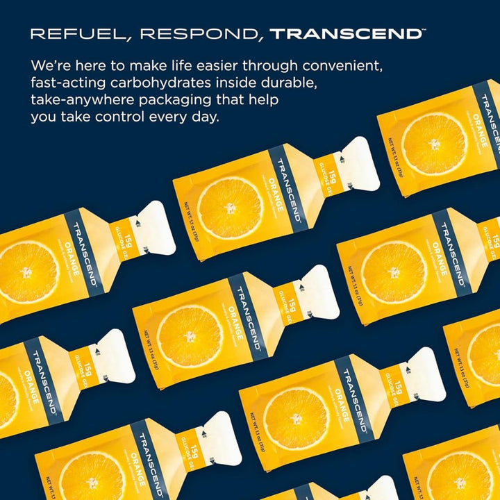 Several packages of Transcend Glucose Gel in Orange flavor arranged diagonally across the frame. The bright orange packaging of each gel is visible, with the product name and flavor clearly displayed.