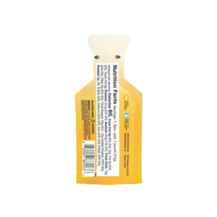 The back of a package of Transcend Glucose Gel in Orange flavor features detailed product information, including nutritional facts, ingredients, and usage instructions. There is a section highlighting the gel's quick energy benefits, with a brief description of how to use it. The package also includes contact information for the manufacturer and possibly some safety or storage recommendations.