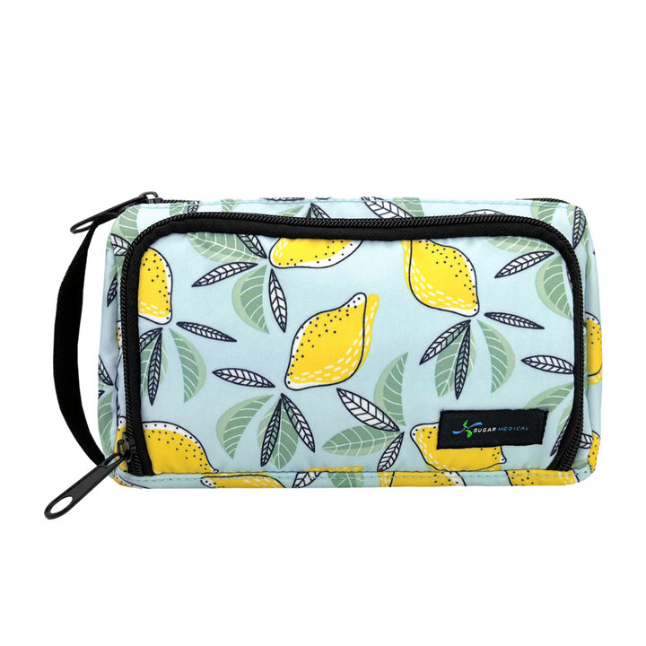 A yellow and blue lemon pattern stylish and lightweight Insulated Diabetes Insulin Supply Case with large zippered back compartment and front zippered insulated compartment.